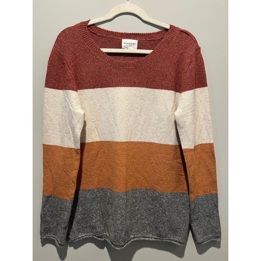 NWOT Pinque Womens L Gina Crew Neck Color Block Sweater Gray‎ Orange Cream
